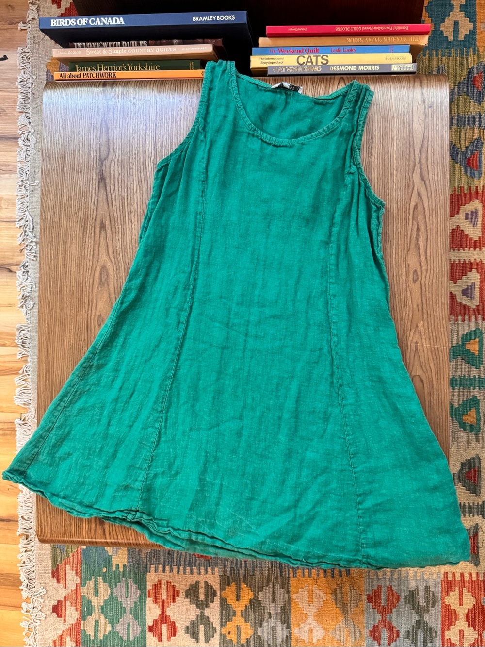 Green 100% linen sleeveless A line mini dress made in Italy L